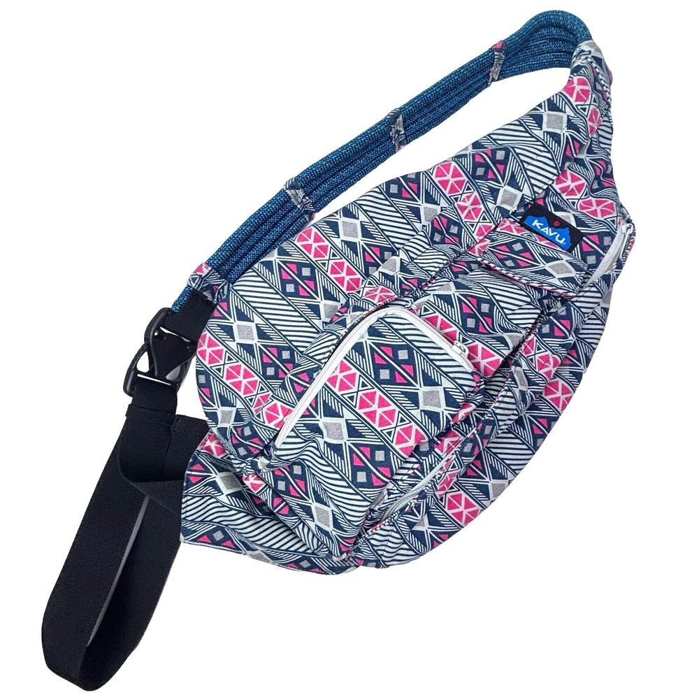 KAVU 4 Rope Sling Bag Crossbody Backpack Canvas Gem Inlay Full Sz 20X11X3"‎ EUC